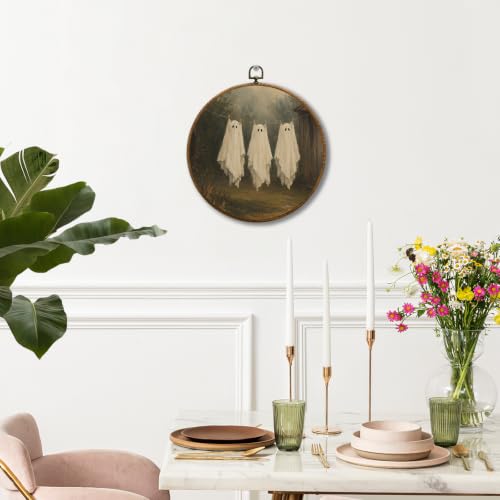 Moody Halloween Ghost Wall Art - Round 10x10in Wall Decor with Little Devil Variation