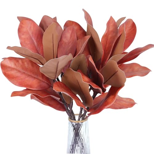 Artificial Magnolia Leaves Stems - Burgundy Fall Branches for Home Decor, Weddings & Events - 4 Pieces with Red Variation