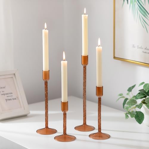 Amber Taper Candlestick Holders - 4 Pack with Brown Variation, Elegant Thanksgiving Table Decor