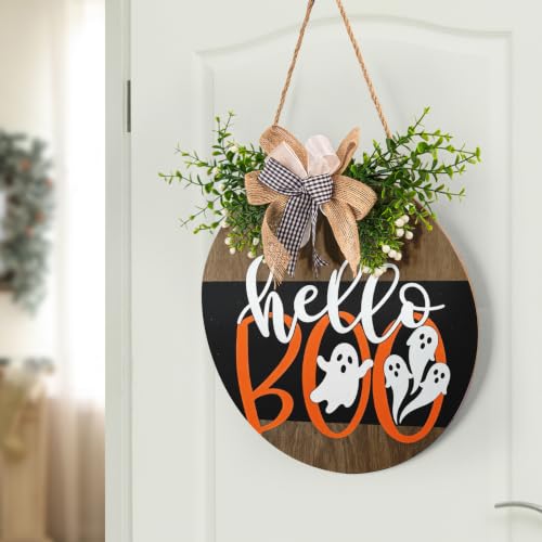Cute Ghost Halloween Door Sign 12 Inch Wreath for Front Door - Farmhouse Halloween Decor with Hanging Rope - Variation: 12x12 Inches