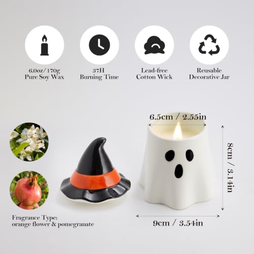 Ghost Jar Candle with Witch Hat - Halloween Decor, Soy Wax, Reusable Ceramic