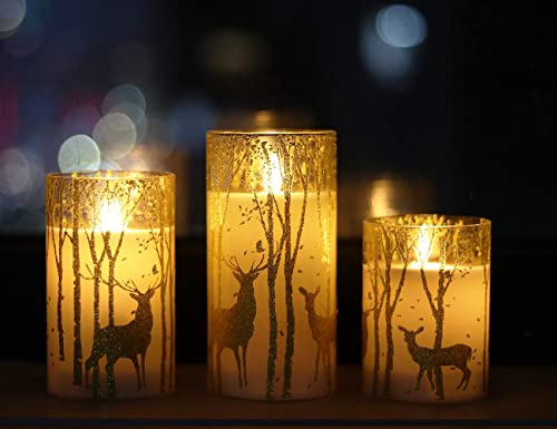 Silver Deer Flameless Glass Candles Set with Remote - Flickering LED Pillars for Christmas Home Decor