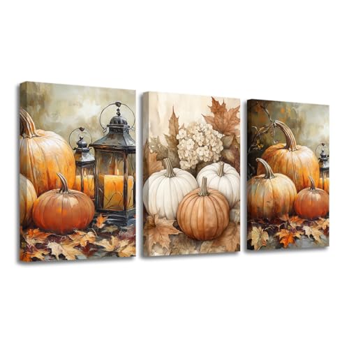 Fall Wall Decor 3 Pieces Farmhouse Pumpkin Autumn Canvas Wall Art Brown 16x24 Inches