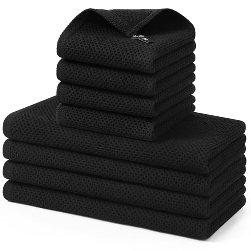 Kitchen Towels and Dishcloths Set - 8 Pack, 100% Cotton, Black - Variation of THIS listing