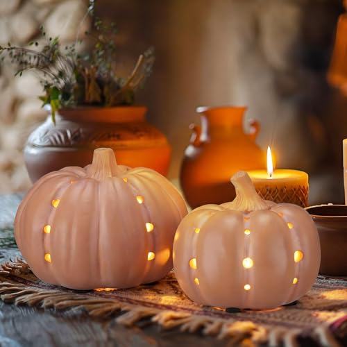 Set of 2 LED Terracotta Pumpkin Lanterns for Fall & Halloween Decor