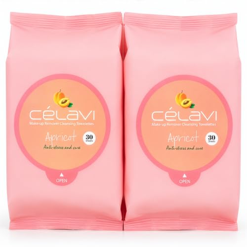Celavi Apricot Makeup Remover Wipes 2-Pack - 60 Pre-Moistened Face Towelettes