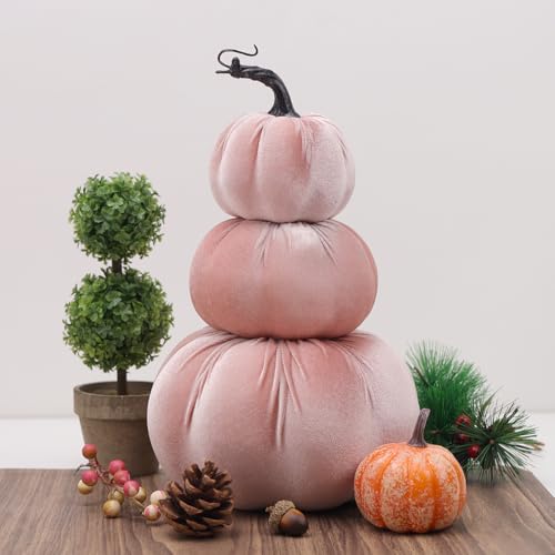 Pink Velvet Stacked Pumpkin Tower Fall Halloween Thanksgiving Home Decor - 12 Inch
