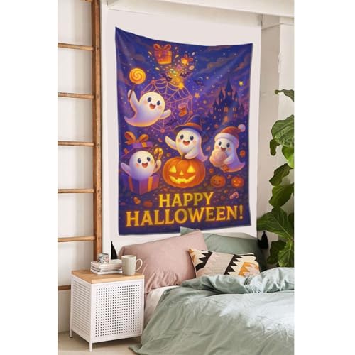 Halloween Tapestry Wall Hanging 60x40 Inches - Cute Ghost Pumpkin Castle Decor - Kid-Friendly Party Backdrop - Variation: Halloween / 60"L x 40"W