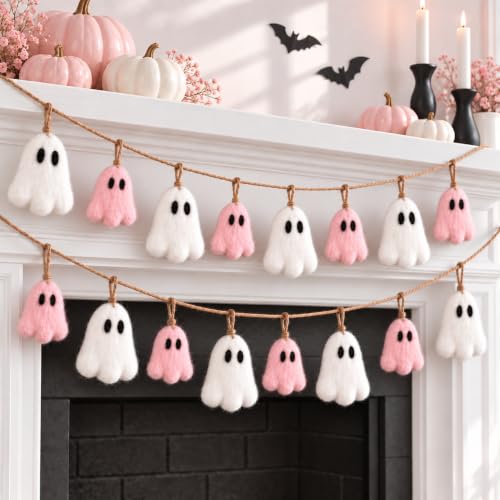 Halloween Felt Ghost Garland Set - Pink & White 6.5 ft Decorations for Parties & Home