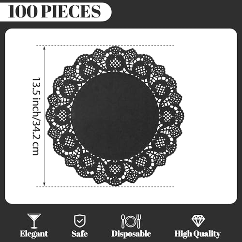 Black Kraft Paper Doilies 13.5 Inch Round Lace Placemats - 100 Pcs, Disposable, Rustic Table Decor