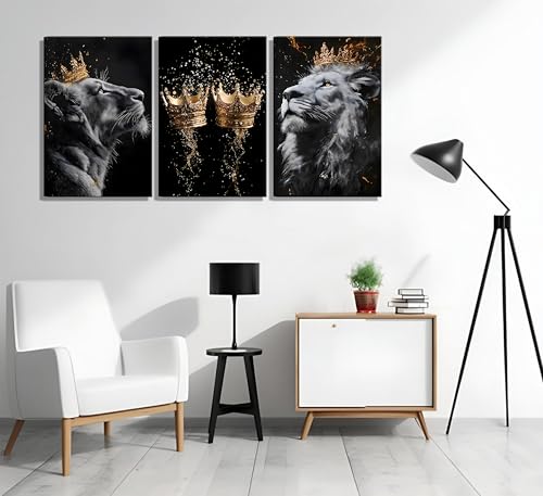 Lion Wall Art Canvas - 12x16 Inch Framed Animal Decor with Golden Crown - Lion Wall Decor
