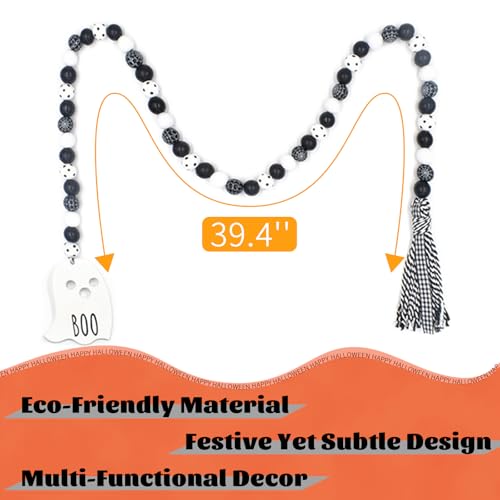 Halloween Wooden Bead Garland Decor with Ghost & Tassel - Black