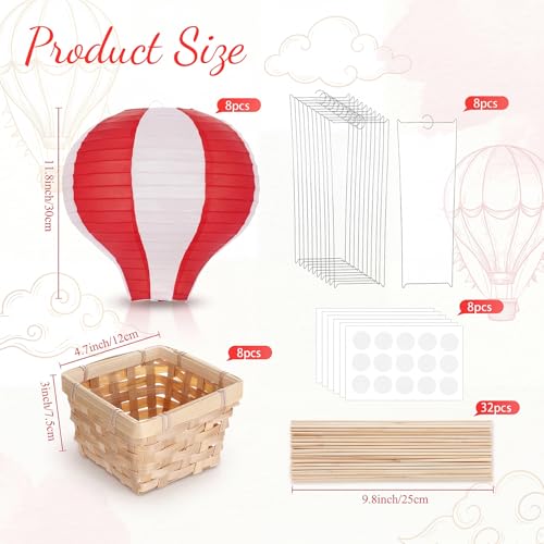 Hot Air Balloon Table Centerpieces Set - Red and White, 8 Pieces with Baskets & DIY Decor