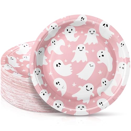 FillTouch 100 Pack Pink Halloween Ghost Paper Plates 7 Inch Disposable Partyware - Pink, Ghost, 7 Inch