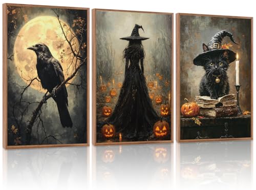 Halloween Gothic Wall Art Set - Black Cat & Witch Prints, 16x24 Inches - Dark Halloween Decoration