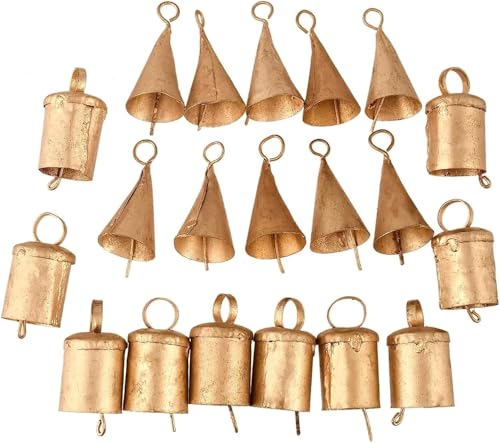 Antique Gold Jingle Bells Set of 20 - Rustic Metal Christmas Decorations with Hanging Loops - Cylinder & Cone Styles