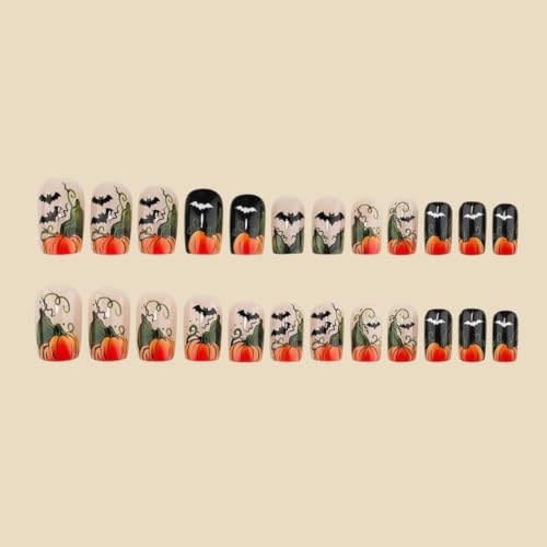 Halloween Press-On Nails Medium Square Pumpkin & Bat Design Black Nude Variation - 24 Pcs