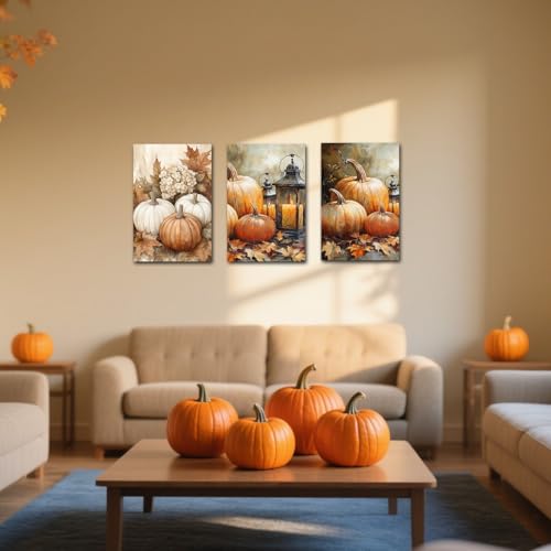 Fall Wall Decor 3 Pieces Farmhouse Pumpkin Autumn Canvas Wall Art Brown 16x24 Inches