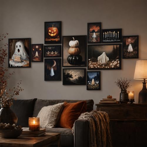 Halloween Ghost Wall Decor Set - 12 Spooky Pumpkin Art Prints for Gothic Room Decor