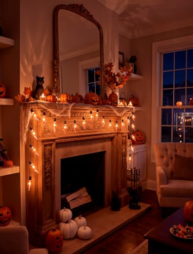 Vintage Rustic Halloween Flickering Flame String Lights - 25FT, Spooky Orange Bulbs