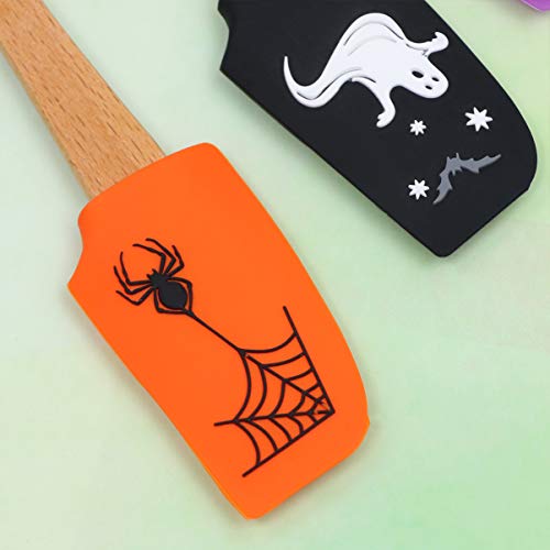 Halloween Wooden Handle Silicone Spatula Set - Ghost, Black Cat, Pumpkin, Spider