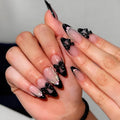 Press On Nails Short Almond Fake Nails with 3D Black Bow Rhinestones - Design J1