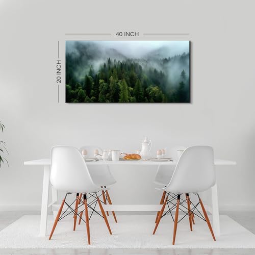 Misty Green Mountain Forest Wall Art - 20x40 Inch Canvas Landscape Decor - Variation of 40L x 20W / Green Forest
