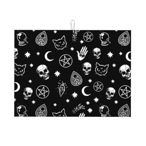 Skull Cat Moon Gothic Dish Drying Mat - 24x18 Inch Absorbent Kitchen Counter Pad - Halloween Decor