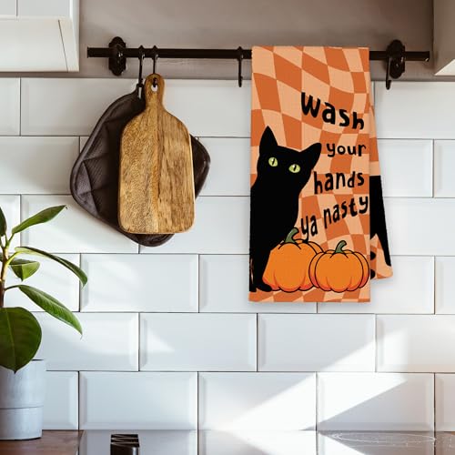 Pumpkin Orange Fall Black Cat Kitchen Hand Towels - Harvest Halloween Decor