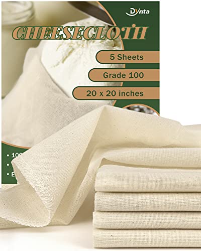 Reusable Cheesecloth Set - Grade 100, 5 Pieces 20x20 Inches for Straining & Canning