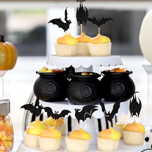 Halloween Bat Cupcake Toppers - Black Glitter Silhouette, Pattern 16, 24 Pack
