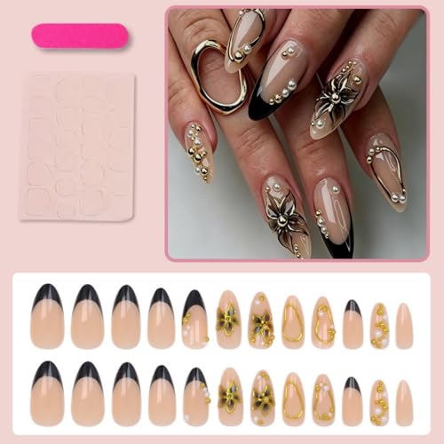 Black French Tips Press On Nails with 5D Flower Charm - Almond, Gold Lines, Pearl, Reusable, 24Pcs - Variation: Color46