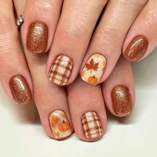 Fall Press on Nails Pumpkin Acrylic Nails Short Square Brown 26Halloween-Brown-1