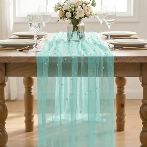 10-Pack Turquoise Pearl Gauze Table Runners 28x120 Inches Home Decor