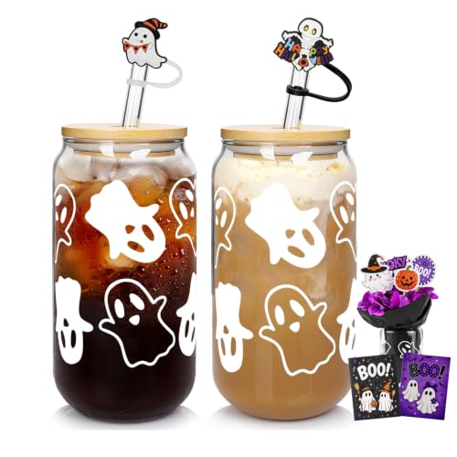 White Purple Ghost Glass Cups with Lids & Straws - Halloween Gift Set (2-Pack)