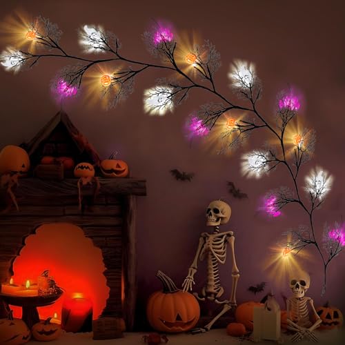 Halloween Garland with Lights Pumpkin Bat Ghost Indoor Decor - 8 Modes, Timer, 6.3FT