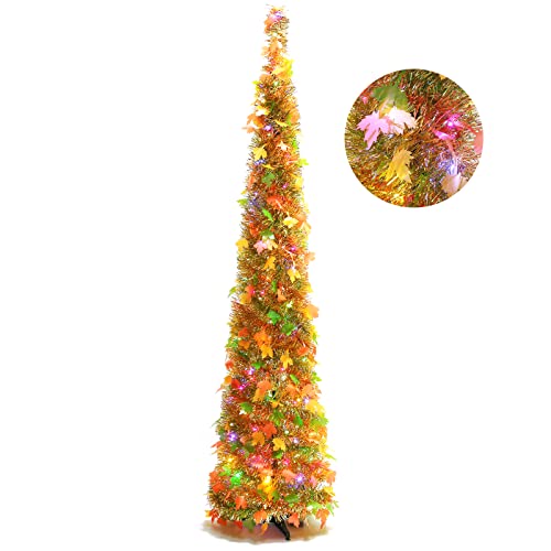 5ft Pop Up Tinsel Tree with LED Lights - Artificial Maple Fall Decor Yellow