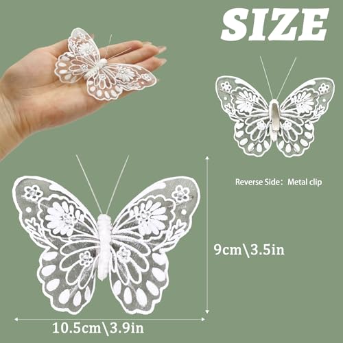 White Feather Butterfly Decorations with Glitter & Pearls - 3.9 Inch Clip-On Craft Ornaments for Weddings & Parties