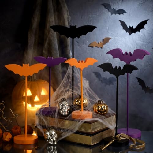 Halloween Wooden Bat Decorations Set - Purple & Orange, 6 Pieces with Stand