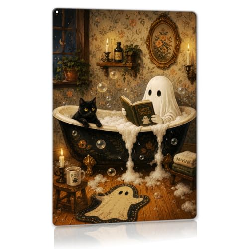 Halloween Ghost Bathroom Metal Sign Spooky Cat Bathtub Wall Decor 12x8 Inches
