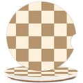 Ceramic Car Coasters with Finger Notch - Checkered Vintage Brown, Pack of 2