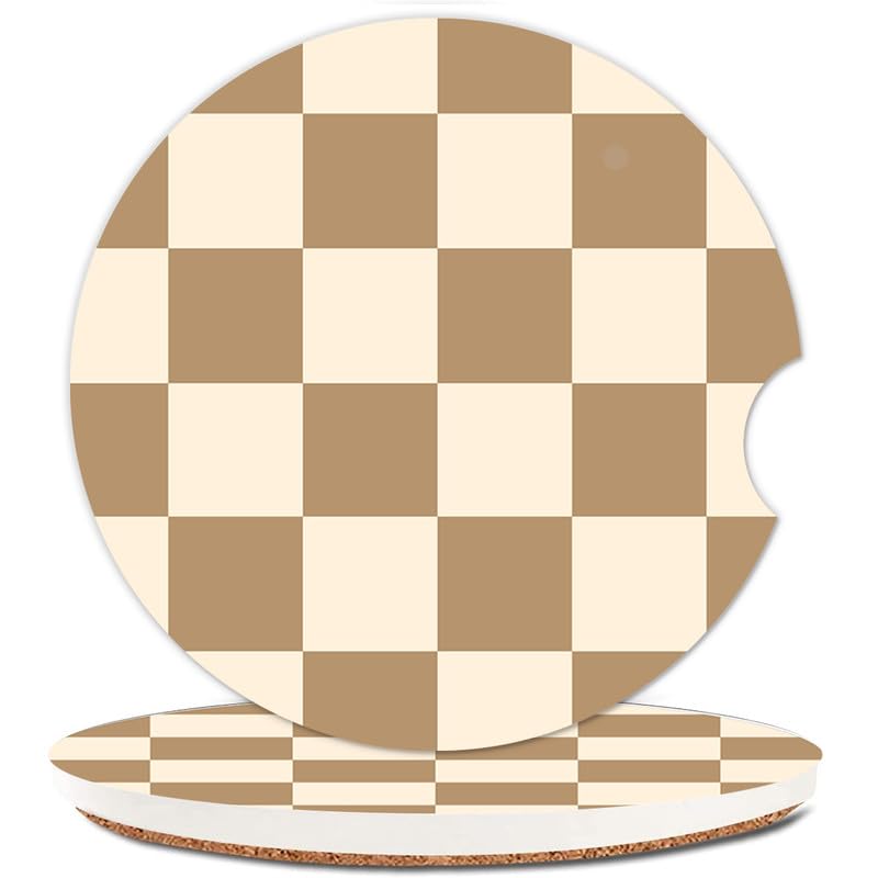 Ceramic Car Coasters with Finger Notch - Checkered Vintage Brown, Pack of 2