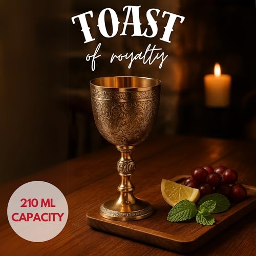 Brass Goblet - Medieval-Style Gold Embossed Chalice for Ceremonial Use, Wine & Gifts - 7 oz / 210 ml - Brass Goblet