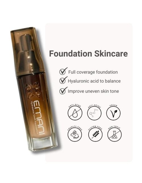 Emani HydraWear Brightening Foundation – Buildable Coverage, Safe for Sensitive Skin – Long-Lasting Hydration, Hyaluronic Acid, Silicone Free, Vegan and Cruelty-Free, Golden Amber