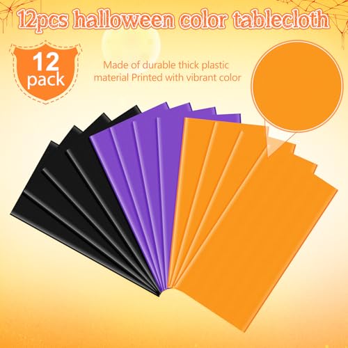 84 Inch Round Halloween Plastic Tablecloth Set - Purple Black Orange, 12 Pack - Witch Vampire Party Decorations