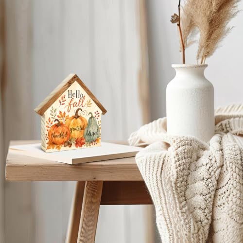 Hello Fall 03 Pumpkin Thanksgiving House Shaped Wooden Sign - Autumn Decor