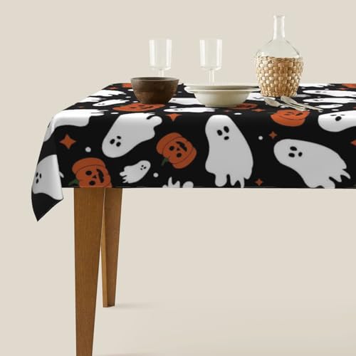 Halloween Tablecloth 60 x 84 Inch Rectangle Ghost Pumpkin Design - Orange & Black