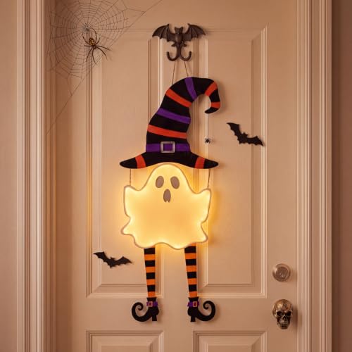 Halloween Ghost Light Up Door Sign Wooden Large Size - Spooky Door Hanger with Lamp