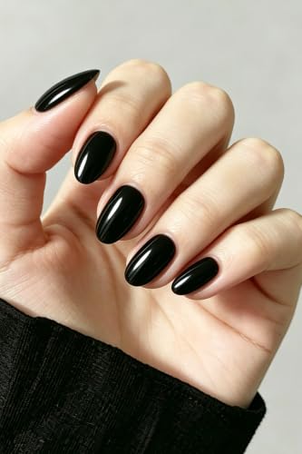 AzureBeauty Short Oval Press On Nails - Glossy Solid Black, 16 Sizes, Variation: Black