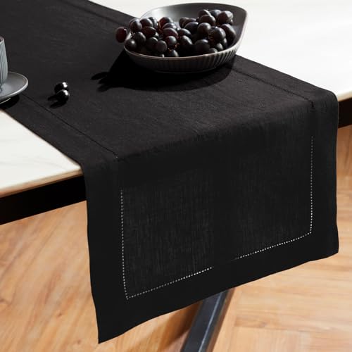 Black Linen Table Runner 14x108 in Sonoma Hemstitch - Handmade, Prewashed, OEKO-TEX Certified